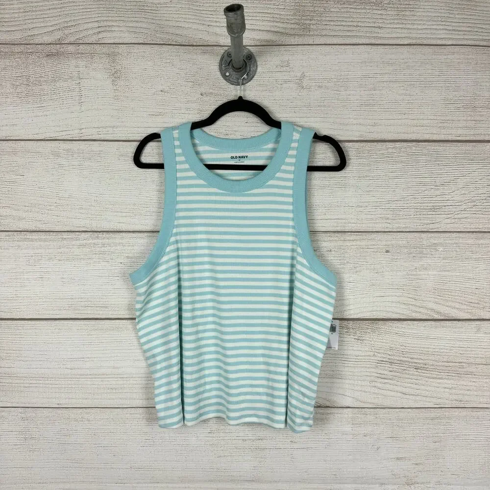 Old Navy Plus Size Blue & White Striped Ribbed Crop Tank Top Size 3X
